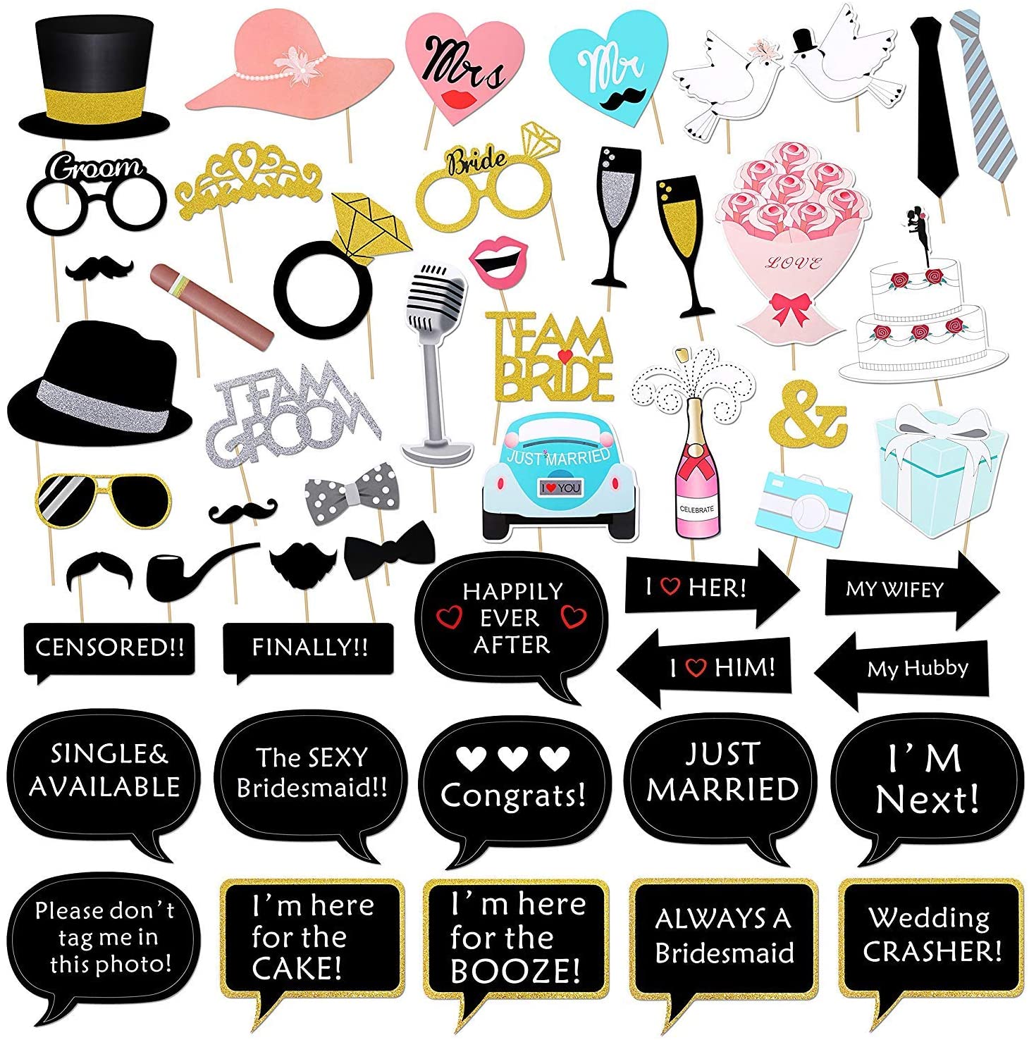 Konsait Wedding Photobooth Props Kit, Engagement Photo Booth Accessories with Wooden Dowels for Brid